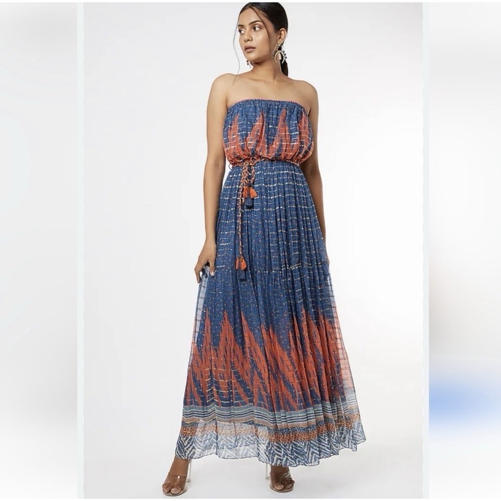 Anthropologie Verb Pallavi‎ Singhee Nora Maxi Strapless Dress Sz 2 Metallic Blue
